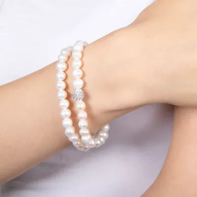 Sterling Silver 7mm Fresh Water Pearl and Crystal Ball Beaded 2pc Bracelet Set