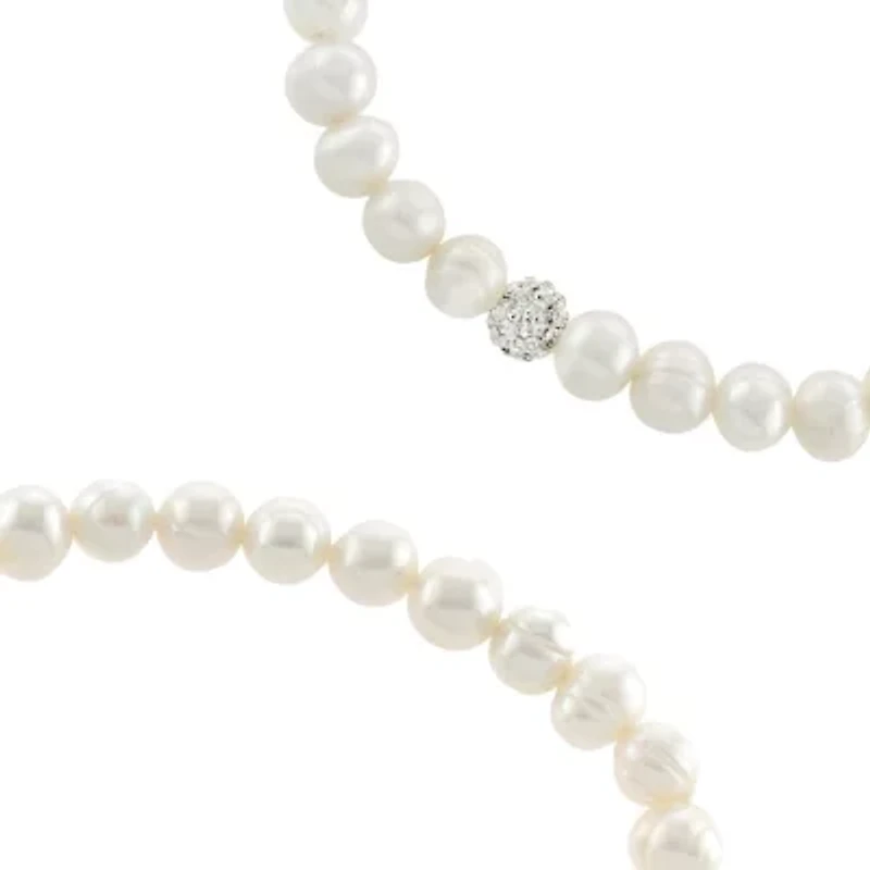 Sterling Silver 7mm Fresh Water Pearl and Crystal Ball Beaded 2pc Bracelet Set
