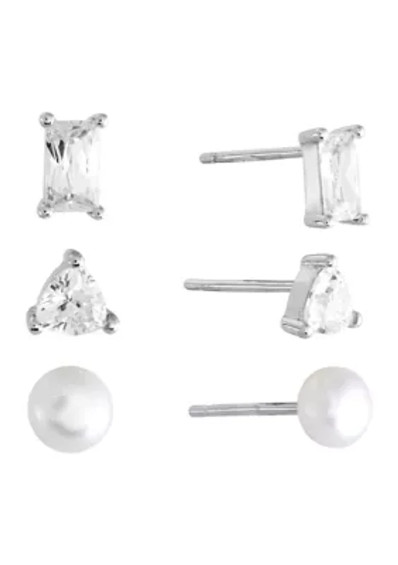 Sterling Silver Cubic Zirconia Baguette, Triangle and Fresh Water Pearl Stud Earring Trio Set