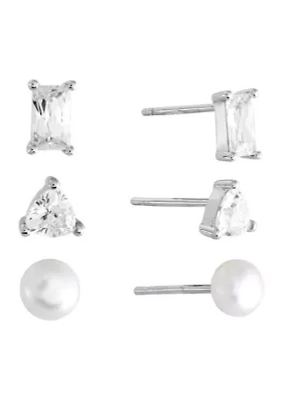Sterling Silver Cubic Zirconia Baguette, Triangle and Fresh Water Pearl Stud Earring Trio Set