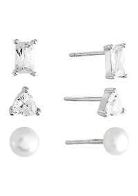 Sterling Silver Cubic Zirconia Baguette, Triangle and Fresh Water Pearl Stud Earring Trio Set