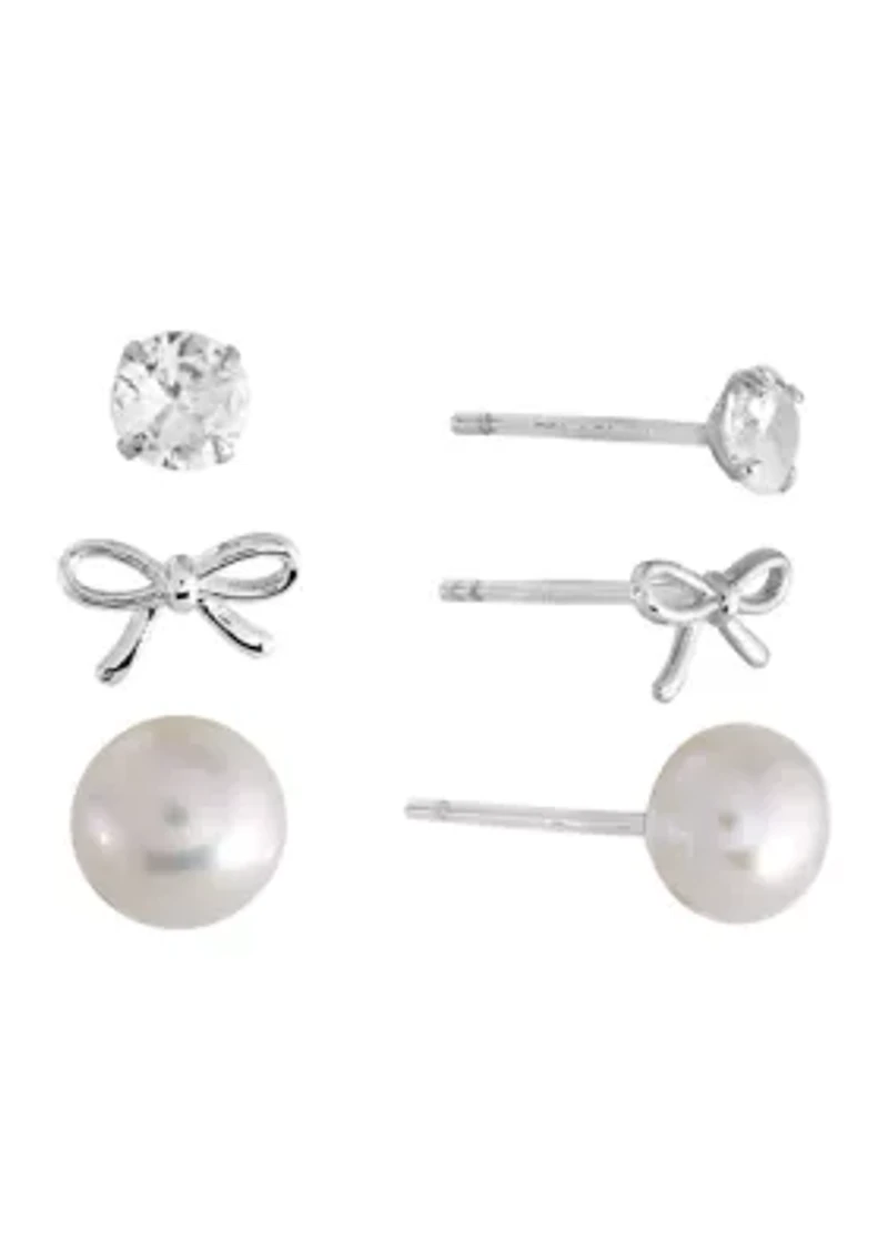 Sterling Silver Bow, 4mm Cubic Zirconia and 6mm Fresh Water Pearl Trio Stud Earring Set