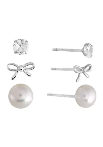 Sterling Silver Bow, 4mm Cubic Zirconia and 6mm Fresh Water Pearl Trio Stud Earring Set