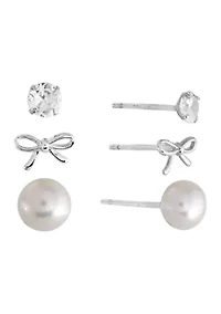 Sterling Silver Bow, 4mm Cubic Zirconia and 6mm Fresh Water Pearl Trio Stud Earring Set