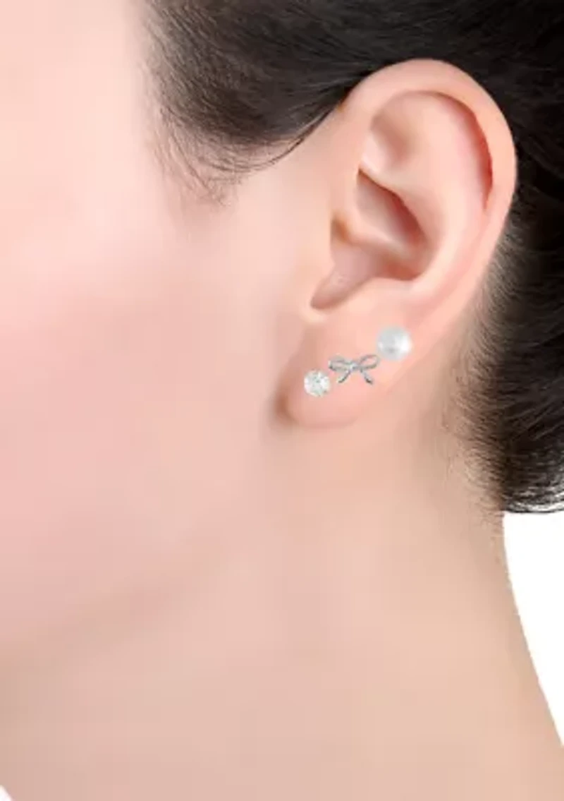 Sterling Silver Bow, 4mm Cubic Zirconia and 6mm Fresh Water Pearl Trio Stud Earring Set