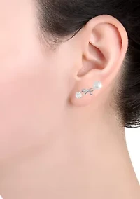 Sterling Silver Bow, 4mm Cubic Zirconia and 6mm Fresh Water Pearl Trio Stud Earring Set