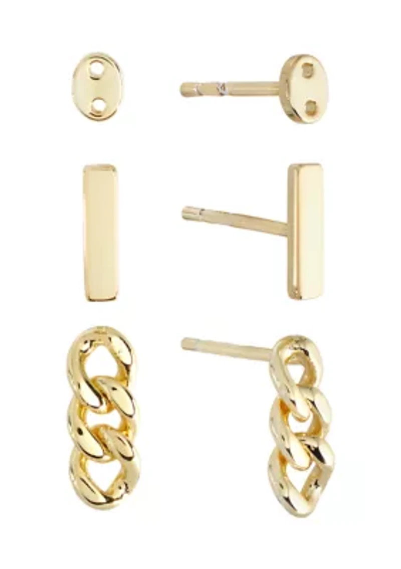 Button, Bar and Chain Trio Stud Earring Set