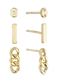 Button, Bar and Chain Trio Stud Earring Set