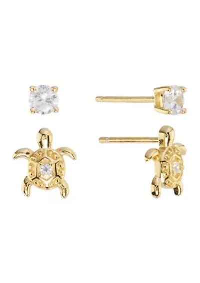 Gold Over Sterling Silver Cubic Zirconia Turtle and Round Duo Stud Earring Set