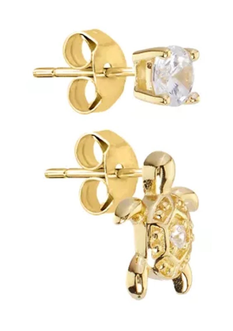 Gold Over Sterling Silver Cubic Zirconia Turtle and Round Duo Stud Earring Set