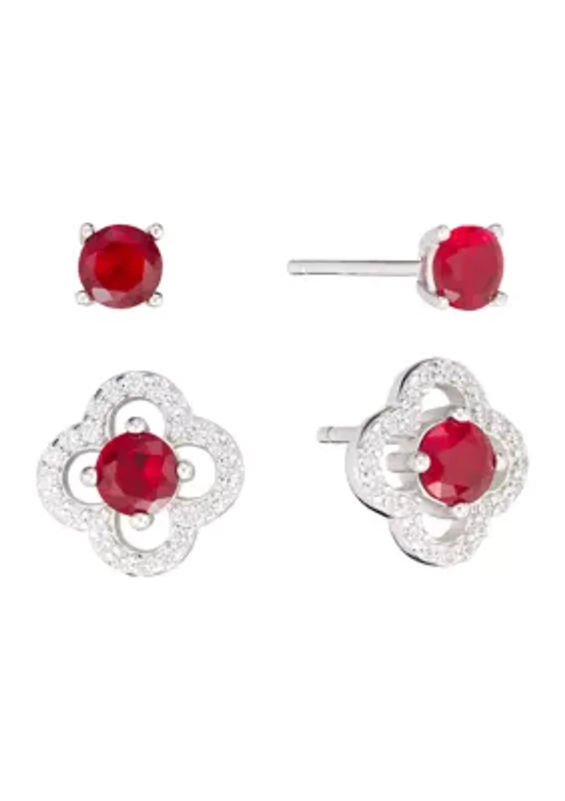 Sterling Silver Red Crystal 4mm Stud and Clover Earring Set