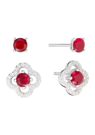 Sterling Silver Red Crystal 4mm Stud and Clover Earring Set