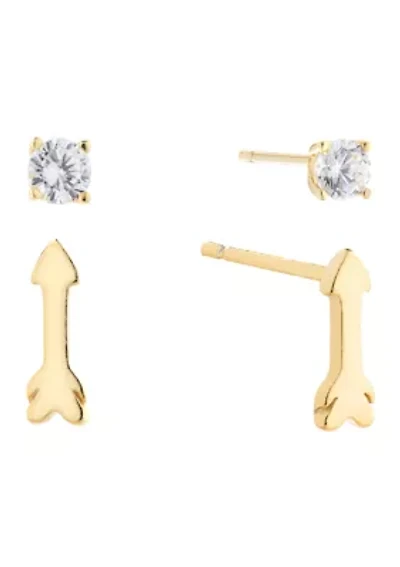 Gold Over Sterling Silver Arrow and 4mm Cubic Zirconia Stud Duo Earring Set