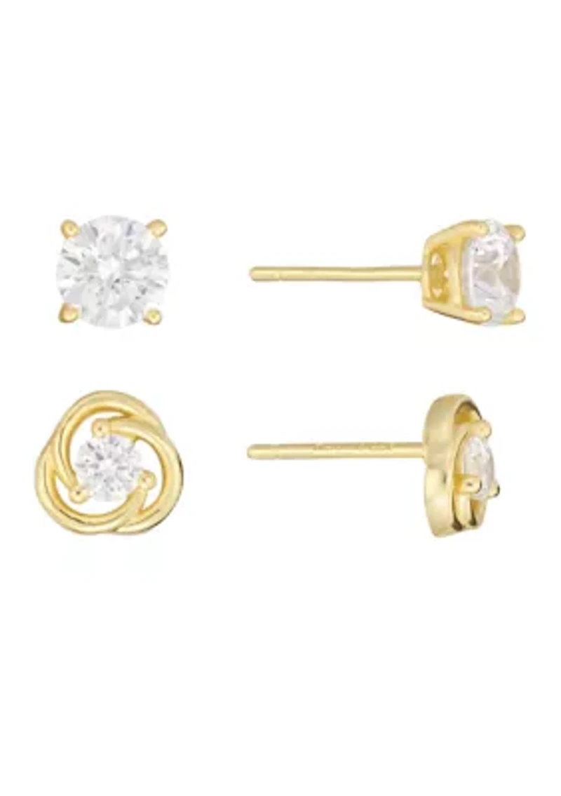 Gold Over Sterling Silver Cubic Zirconia Love Knot and Stud Earring Set