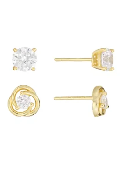 Gold Over Sterling Silver Cubic Zirconia Love Knot and Stud Earring Set