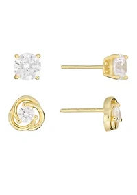 Gold Over Sterling Silver Cubic Zirconia Love Knot and Stud Earring Set