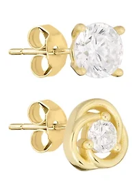 Gold Over Sterling Silver Cubic Zirconia Love Knot and Stud Earring Set