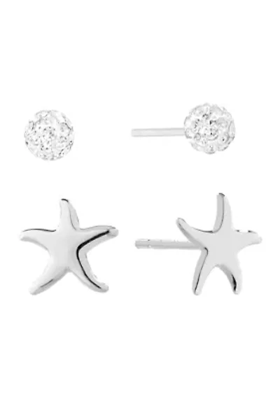 Sterling Silver Starfish and 4 Millimeter Crystal Fireball Stud Duo Earring Set