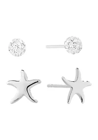Sterling Silver Starfish and 4 Millimeter Crystal Fireball Stud Duo Earring Set