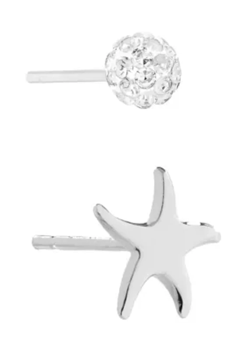 Sterling Silver Starfish and 4 Millimeter Crystal Fireball Stud Duo Earring Set