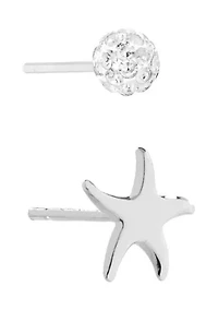 Sterling Silver Starfish and 4 Millimeter Crystal Fireball Stud Duo Earring Set