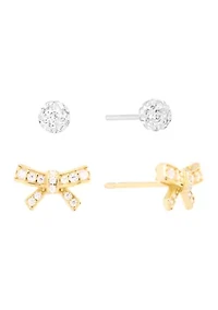 Gold Over Sterling Silver Cubic Zirconia Bow and 4mm Crystal Fireball Stud Duo Earring Set