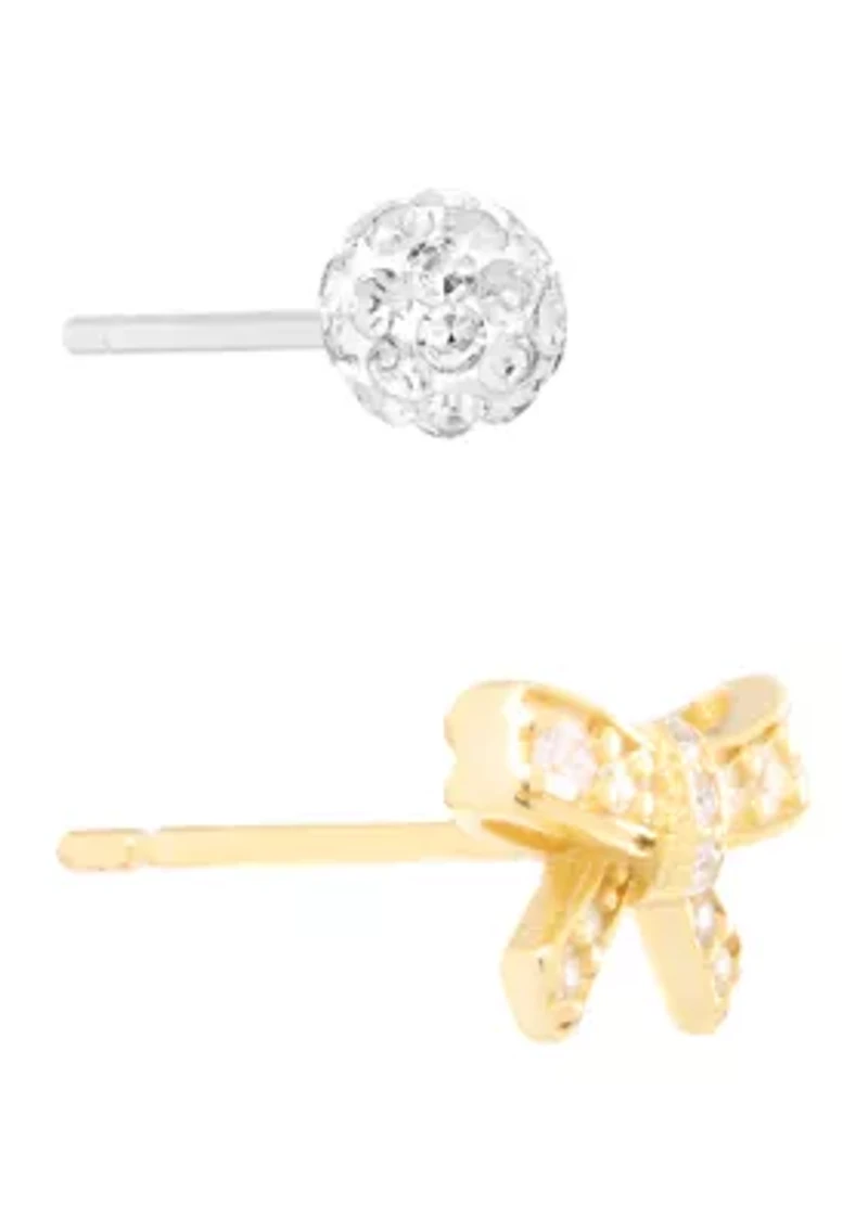 Gold Over Sterling Silver Cubic Zirconia Bow and 4mm Crystal Fireball Stud Duo Earring Set