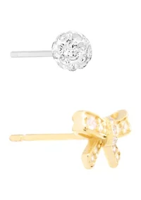 Gold Over Sterling Silver Cubic Zirconia Bow and 4mm Crystal Fireball Stud Duo Earring Set