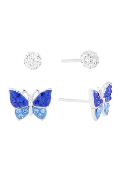 Sterling Silver Blue Crystal Bow and 4mm Fireball Stud Duo Earring Set