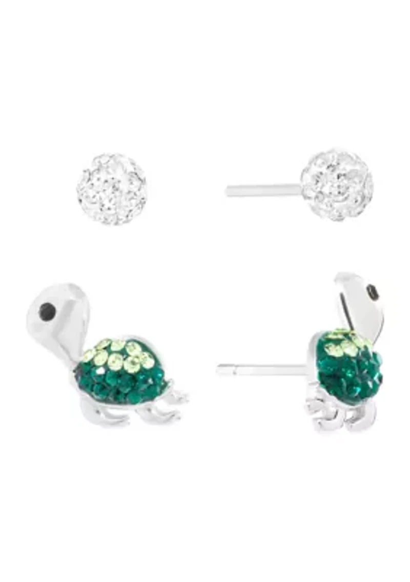 Sterling Silver Crystal Turtle and 4mm Fireball Stud Duo Earring Set