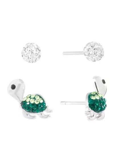 Sterling Silver Crystal Turtle and 4mm Fireball Stud Duo Earring Set