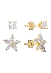  Cubic Zirconia and Flower Duo Stud Earring Set