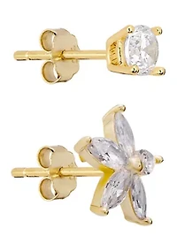  Cubic Zirconia and Flower Duo Stud Earring Set