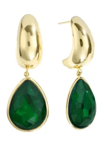 Gold Over Stainless Steel Crystal Faceted Teardrop Half Hoop Earrings