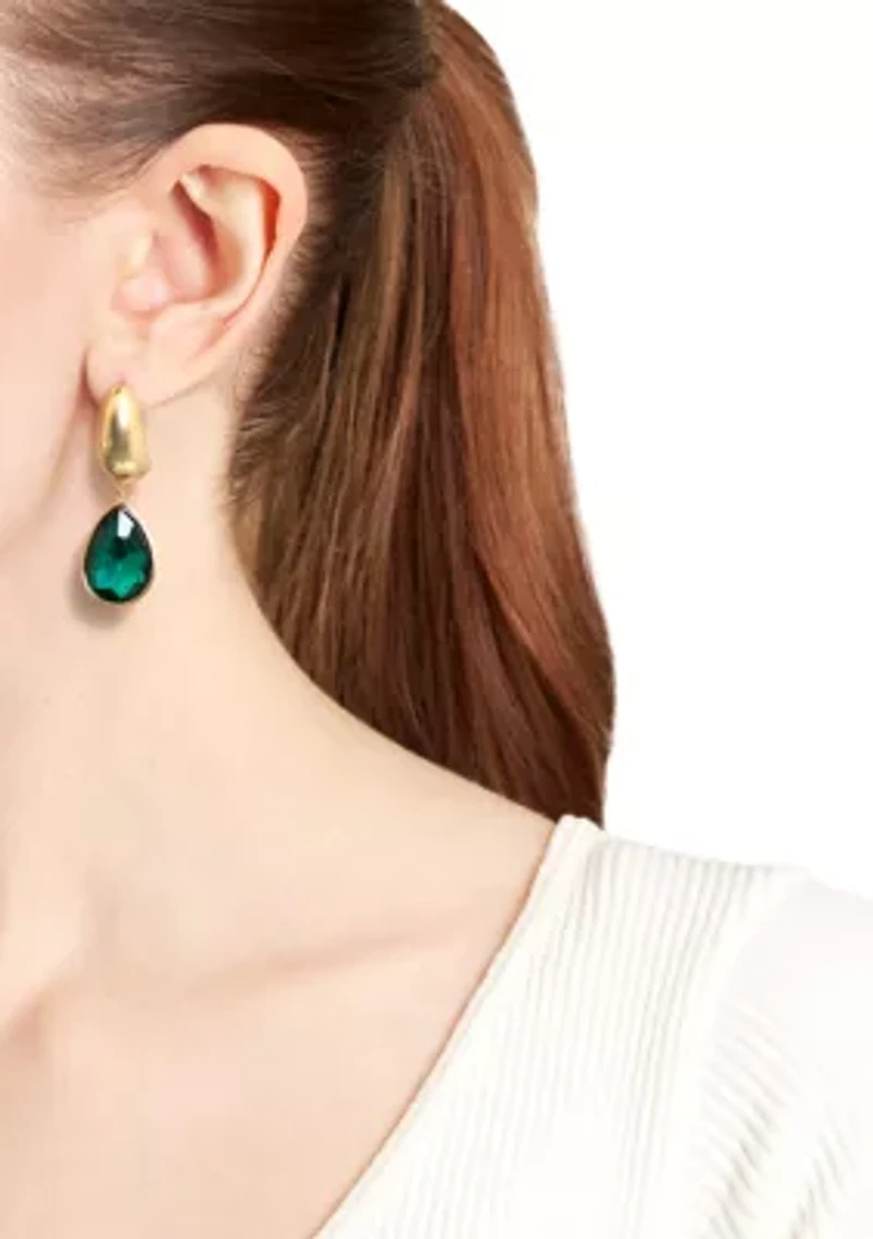 Gold Over Stainless Steel Crystal Faceted Teardrop Half Hoop Earrings