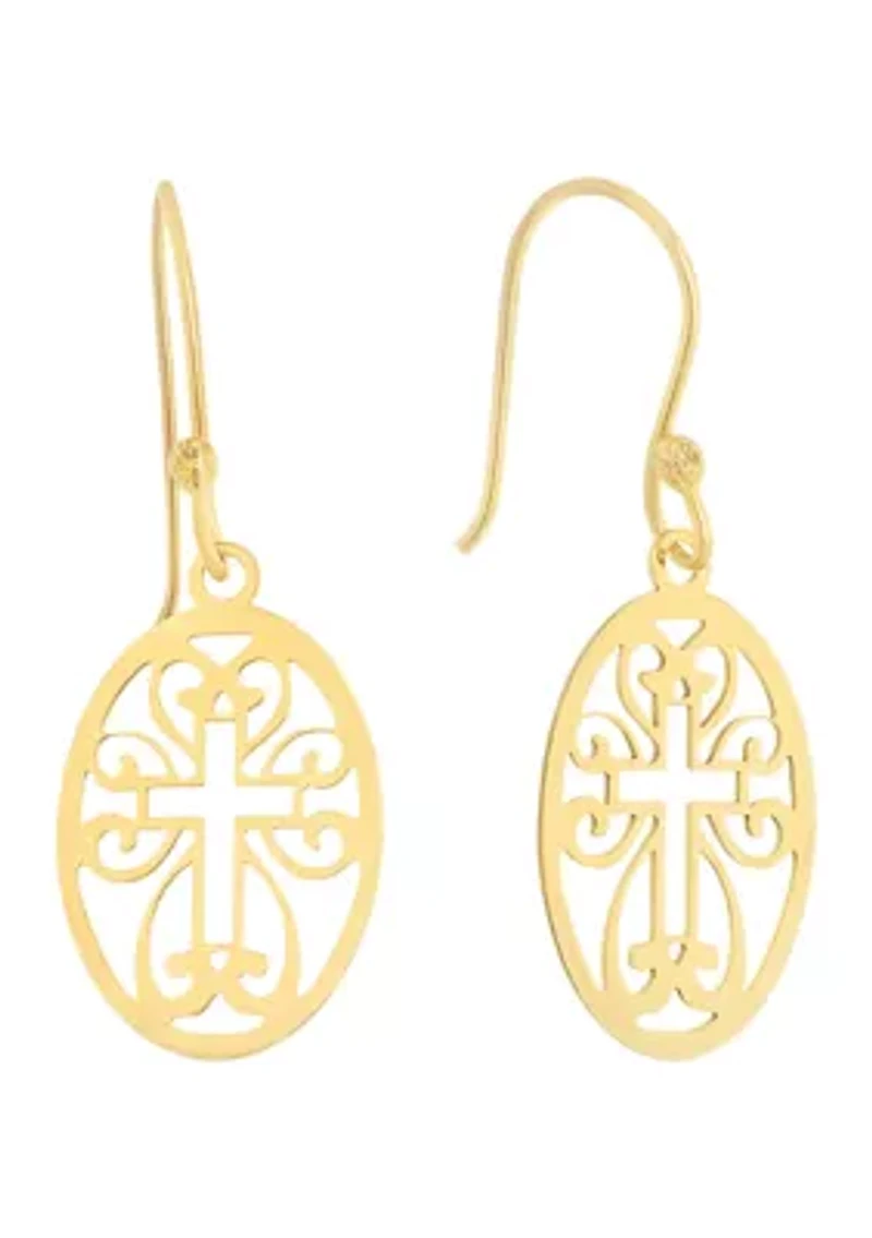 Gold Over Sterling Silver Laser Cut Oval Cross Drop Earrings