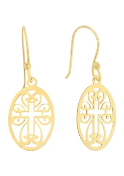 Gold Over Sterling Silver Laser Cut Oval Cross Drop Earrings