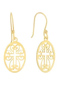 Gold Over Sterling Silver Laser Cut Oval Cross Drop Earrings