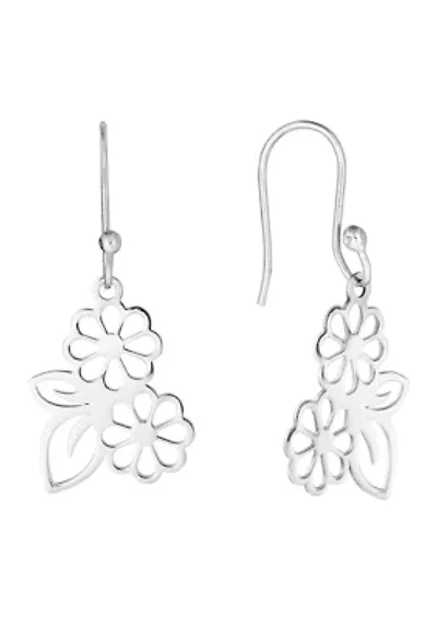 Sterling Silver Laser Cut Double Flower Drop Earrings