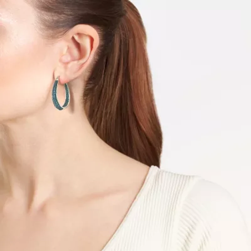 Sterling Silver Dark Blue Crystal Oval Clicktop Hoop Earrings