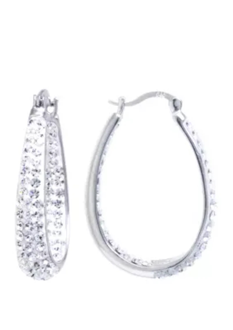 Sterling Silver Clear Crystal Oval Hoop Earrings 