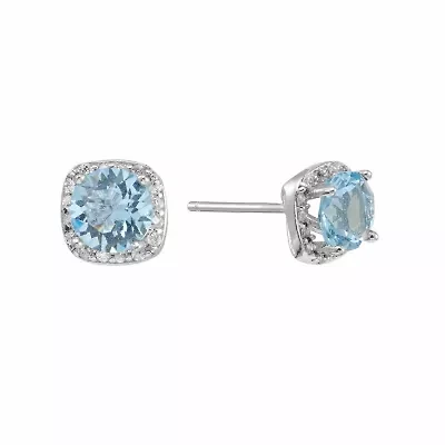 Sterling Silver Light Aqua Crystal and Cubic Zirconia Halo Stud Earrings