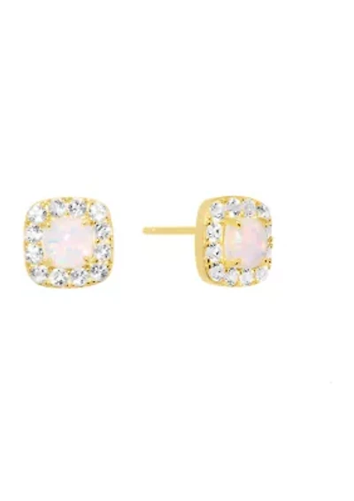 Sterling Silver Square Halo White Topaz Simulated Opal Stud Earrings