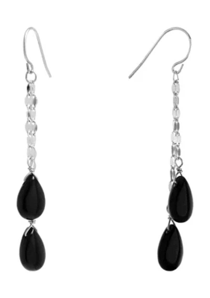 Sterling Silver 2" Double Onyx Teardrop Chain Drop Earrings