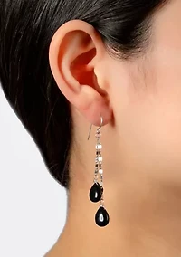Sterling Silver 2" Double Onyx Teardrop Chain Drop Earrings