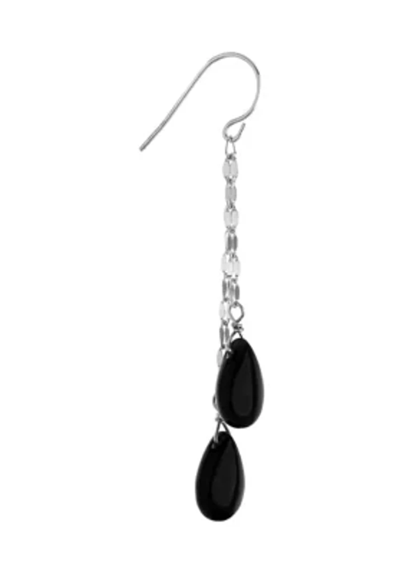 Sterling Silver 2" Double Onyx Teardrop Chain Drop Earrings