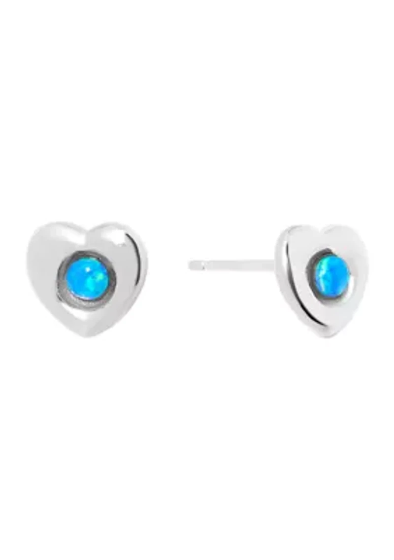 Sterling Silver Simulated Blue Opal Heart Stud Earrings