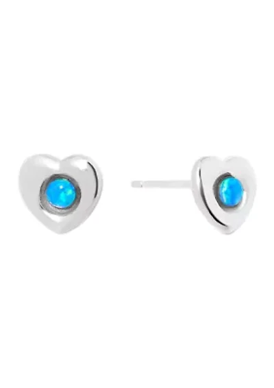 Sterling Silver Simulated Blue Opal Heart Stud Earrings