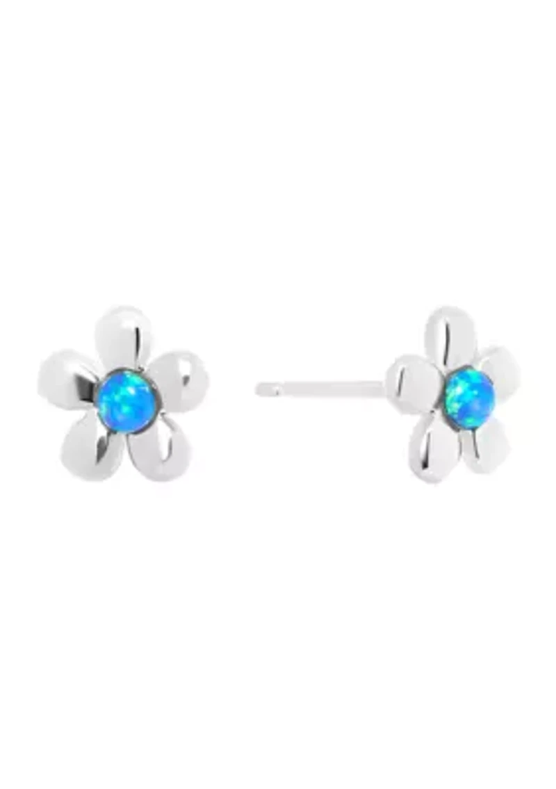 Sterling Silver Simulated Blue Opal Flower Stud Earrings