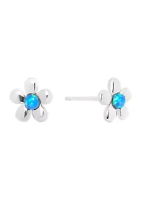 Sterling Silver Simulated Blue Opal Flower Stud Earrings